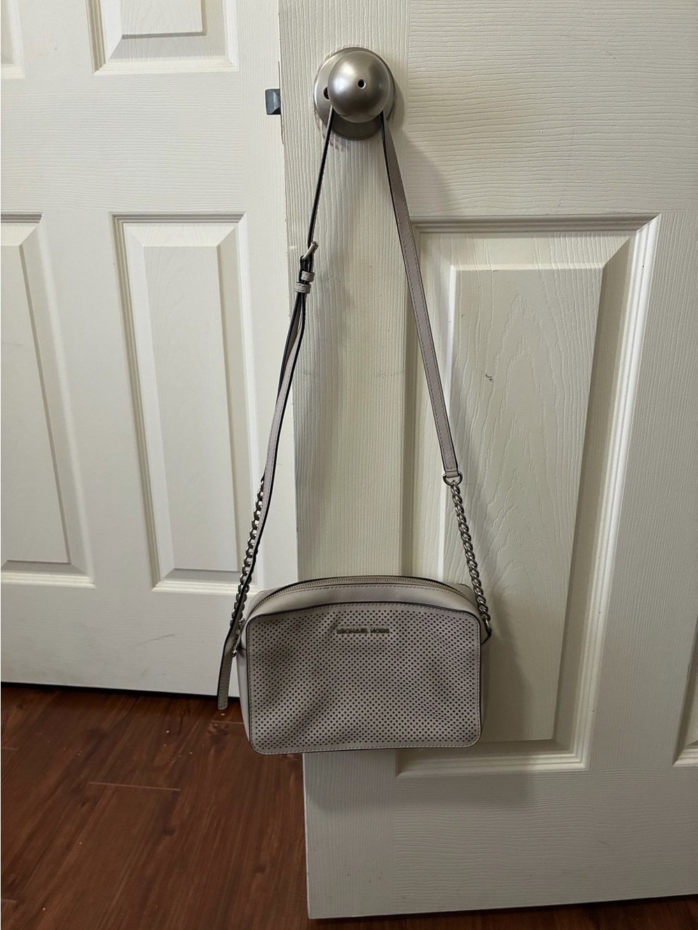 Michael Kors Perforated Leather Camera Crossbody Bag Gray Silver Chain Strap